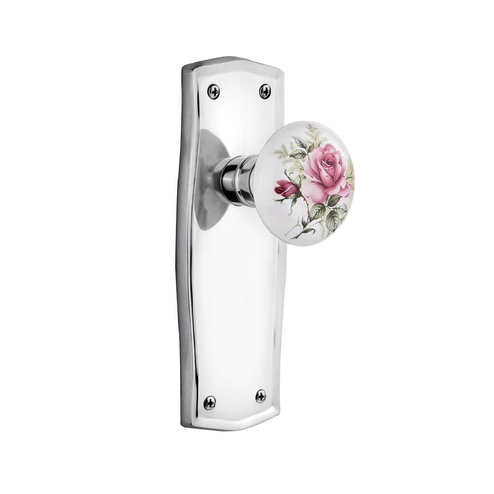 Nostalgic Warehouse PRAROS Complete Passage Set Without Keyhole Prairie Plate with Rose Porcelain Knob in Bright Chrome